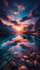 A Mountain Landscape With A Lake Reflecting The Sunset.