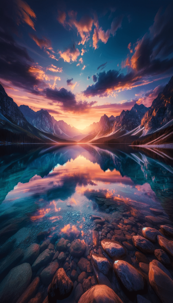 A Mountain Landscape With A Lake Reflecting The Sunset.