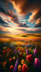 A field of wildflowers at sunset.