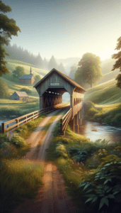 A rustic covered bridge in the country.