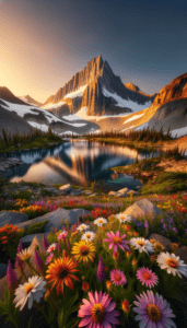 Snow-Covered Mountain With A Foreground Of Wildflowers.