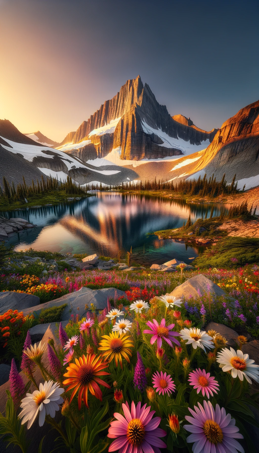 Snow-Covered Mountain With A Foreground Of Wildflowers