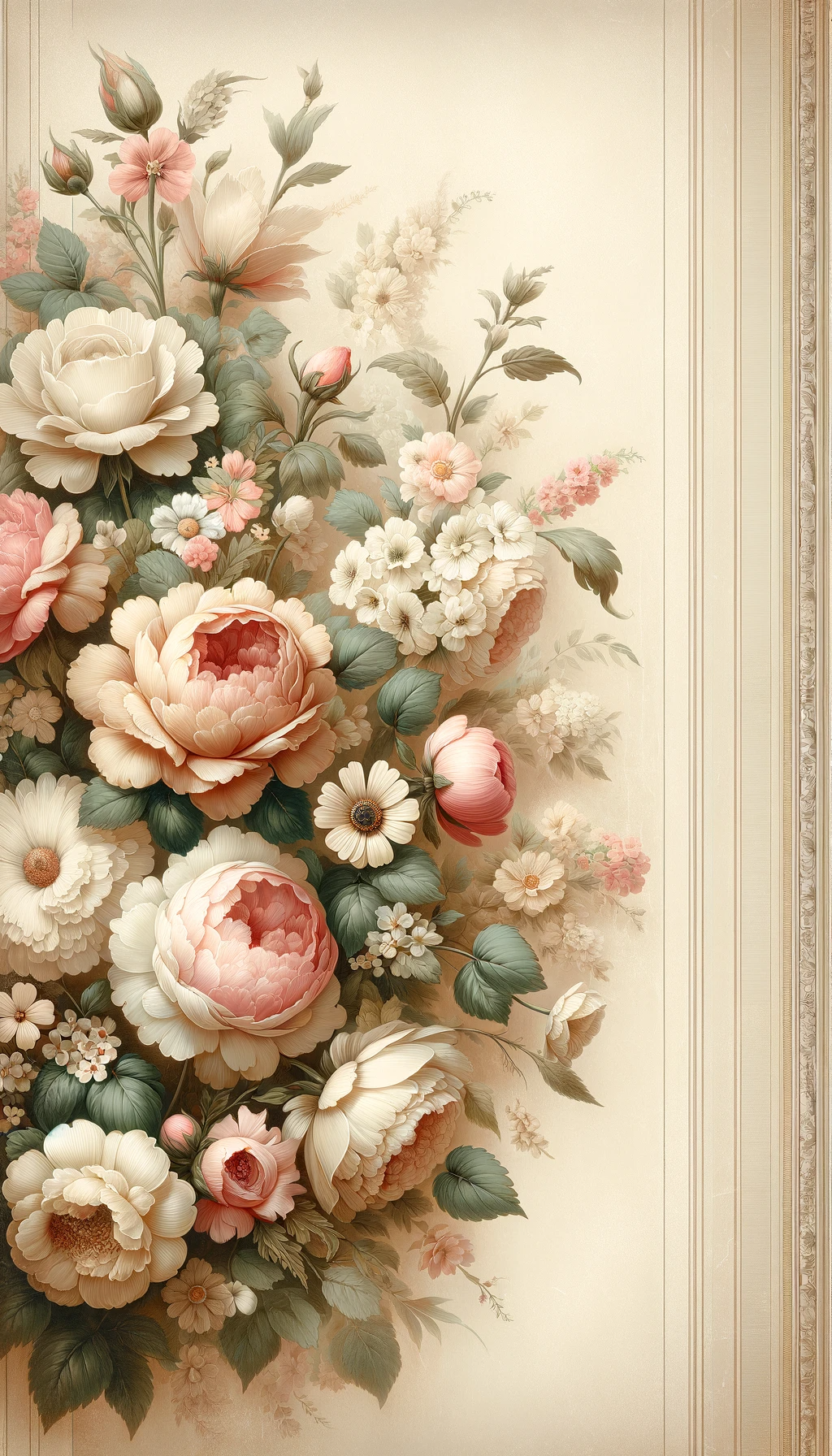 Vintage Flowers on Cream Background Left Margin