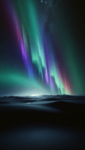 The Northern Lights display vibrant hues of green and purple over a dark, undulating landscape, captured in a photo-realistic iPhone wallpaper.