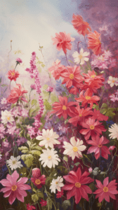 Colorful painting of a vibrant garden with pink and white flowers, suitable as a floral iPhone wallpaper.