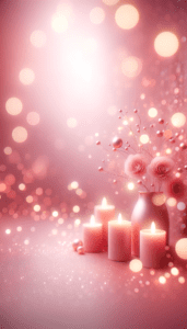 Lit pink candles and a vase with roses in soft focus against a dreamy pink bokeh background, creating a serene and romantic atmosphere for an iPhone wallpaper or phone background.