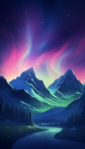 Vivid aurora borealis in hues of pink, purple, and green lighting up the night sky over a shadowy mountain range, reflected in the river below, intended for use as iPhone wallpaper.