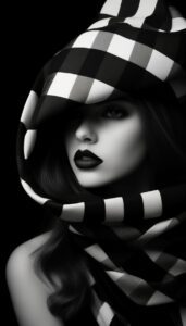 A black and white portrait of a woman with striking features, covered in a checkered scarf, creating a captivating iPhone wallpaper.