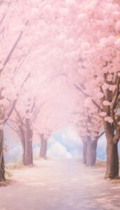 A dreamlike pathway lined with cherry blossom trees in full bloom, leading towards a bright sky, depicted in a pastel pink hue for an iPhone wallpaper.