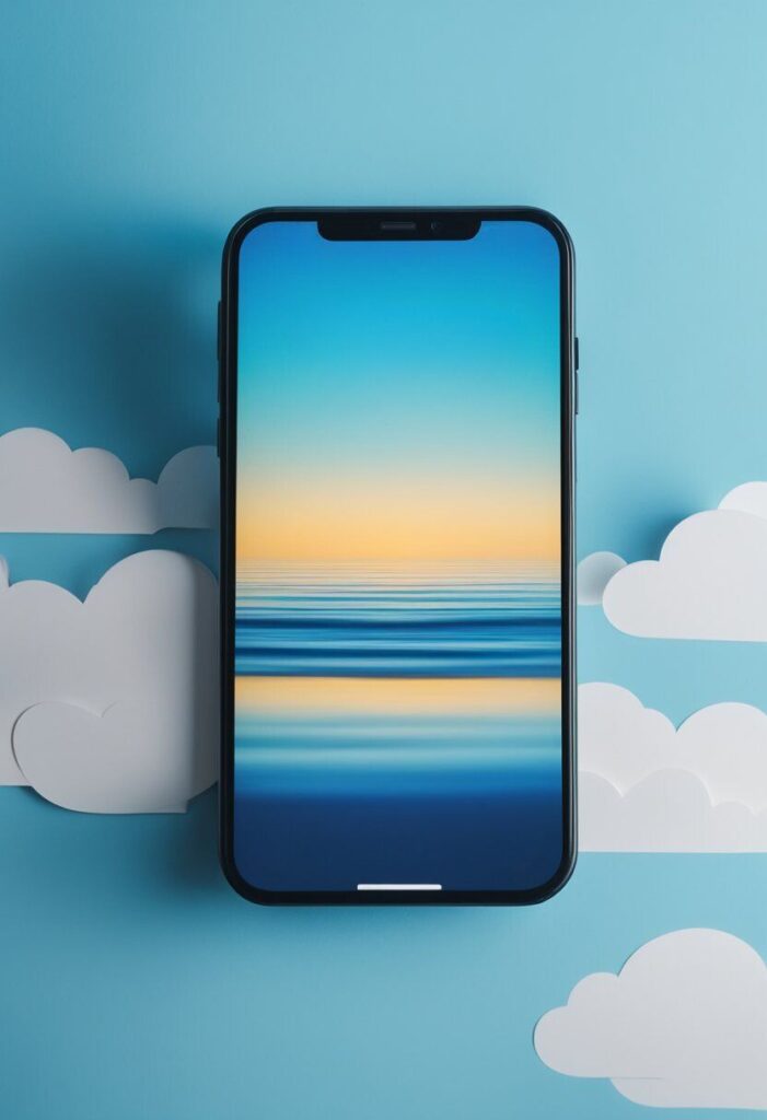 A smartphone displaying a calming blue wallpaper, evoking feelings of tranquility and relaxation