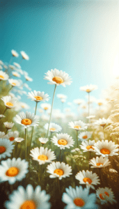 A field of white daisies with bright yellow centers under a sunny blue sky, optimized for iPhone wallpaper.