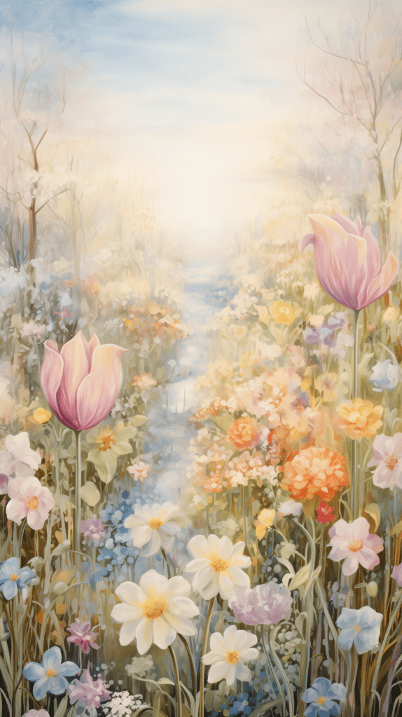 Artistic depiction of a serene garden at dawn with tulips and daisies as an iPhone wallpaper.