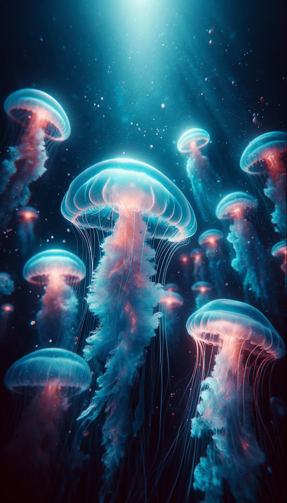 A high-resolution image of jellyfish with translucent, glowing bodies and long trailing tentacles, set against a deep blue underwater background, suitable for iPhone wallpaper or phone background.