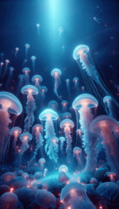 iPhone wallpaper featuring a myriad of jellyfish in deep blue sea, ideal for phone background or lock screen.