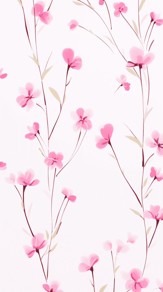 Sparse pattern of small pink flowers with slender dark branches on a white background, suitable for iPhone wallpaper or phone background.