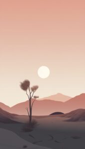 Minimalist desert landscape with a lone tree silhouette, soft pastel hues, and a clear moon, ideal for a calming iPhone wallpaper or phone background.