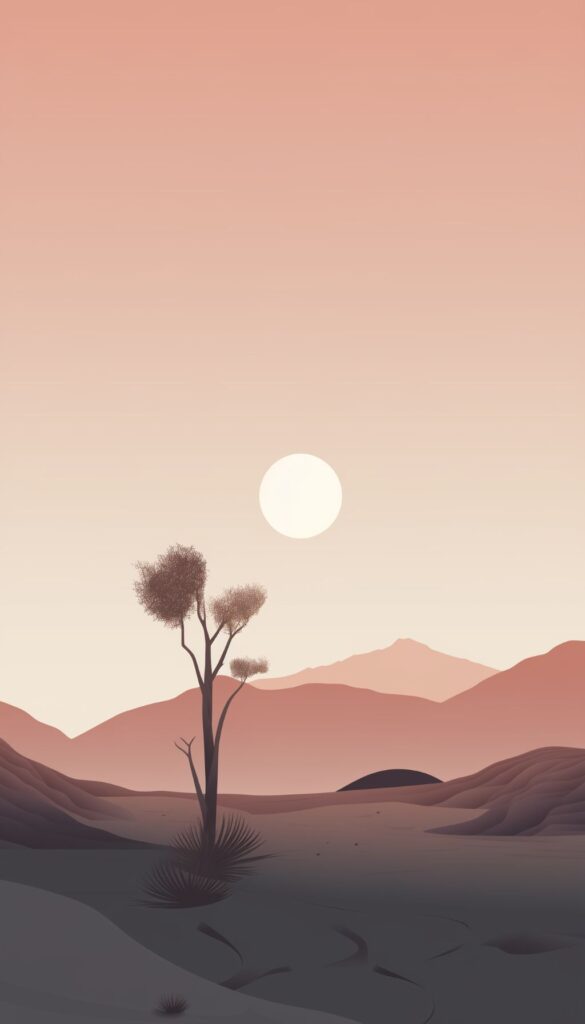 Minimalist desert landscape with a lone tree silhouette, soft pastel hues, and a clear moon, ideal for a calming iPhone wallpaper or phone background.