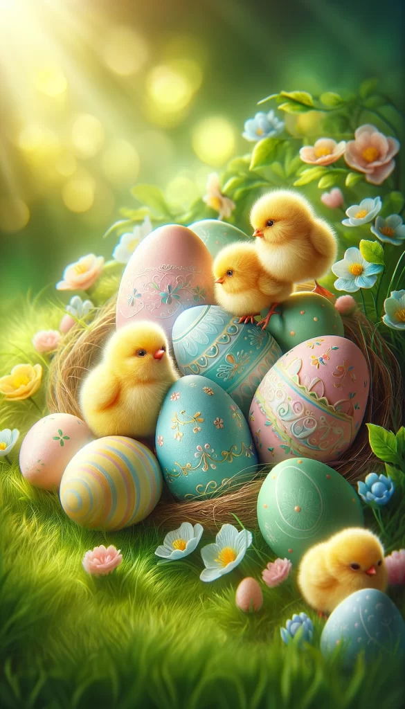 A high-resolution image of yellow baby chicks with pastel-colored Easter eggs surrounded by spring flowers, perfect for an iPhone wallpaper or phone background.