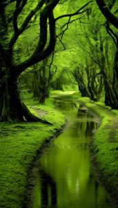 An ethereal forest path with overhanging trees and a reflective waterway, surrounded by vibrant green moss, perfect for an iPhone wallpaper or lock screen.