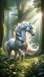 Realistic depiction of a unicorn with a spiraled horn and flowing mane in a sunlit forest, ideal for an iPhone wallpaper.