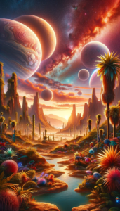 Fantastical alien landscape with vibrant flora and multiple moons, designed as a high-resolution iPhone wallpaper.