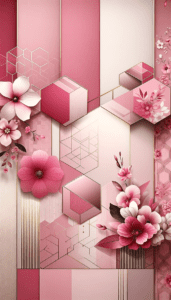 A modern iPhone wallpaper with geometric patterns and stylized flowers in shades of pink, from soft blush to vibrant fuchsia, suitable for a phone background or lock screen.