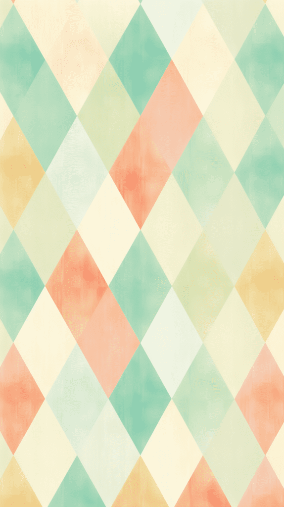 Abstract pastel geometric pattern with a soft, textured overlay consisting of diamond shapes in shades of green, peach, yellow, and blue, giving the impression of a vintage wallpaper.