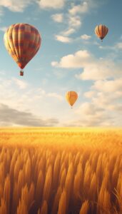 Hot air balloons soaring over golden wheat fields under a blue sky in an iPhone wallpaper.