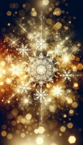 Sparkling snowflakes surrounded by golden bokeh.