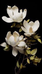 Vibrant ivory magnolia flowers with delicate petals against a deep black background, ideal for an iPhone wallpaper.