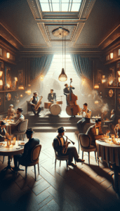 A 1920s jazz club scene as an iPhone wallpaper, showcasing a live jazz band performing on stage with patrons enjoying the atmosphere in a dimly lit speakeasy setting.