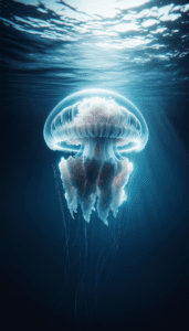 A realistic underwater photo of a jellyfish centered on a deep blue ocean backdrop, ideal for use as iPhone wallpaper or phone background.