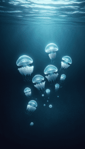 A group of jellyfish with translucent, bell-shaped bodies and trailing tentacles, gently drifting through the deep blue ocean water, captured for an iPhone wallpaper background.