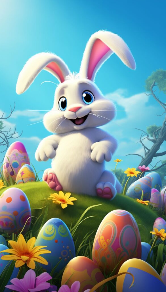 Animated Easter Bunny with a playful expression sitting amidst colorful Easter eggs and spring flowers, ideal for an iPhone wallpaper or phone background.