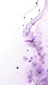 Abstract iPhone wallpaper featuring pastel lavender flowers and whimsical music notes on a soft white background, ideal for a calming phone background.