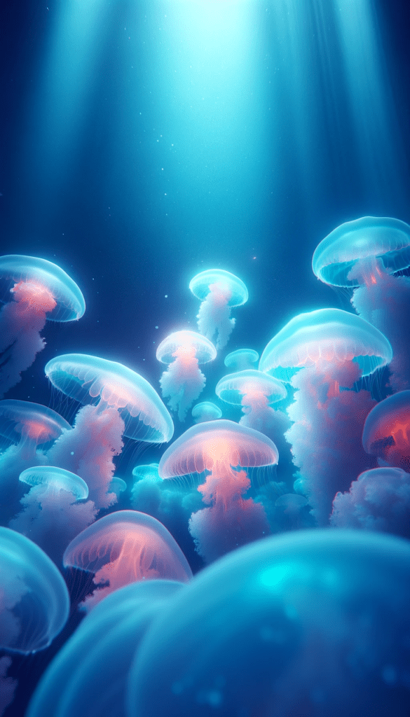 A cluster of glowing jellyfish in luminous blue and pink hues, set against a deep ocean background as an iPhone wallpaper.