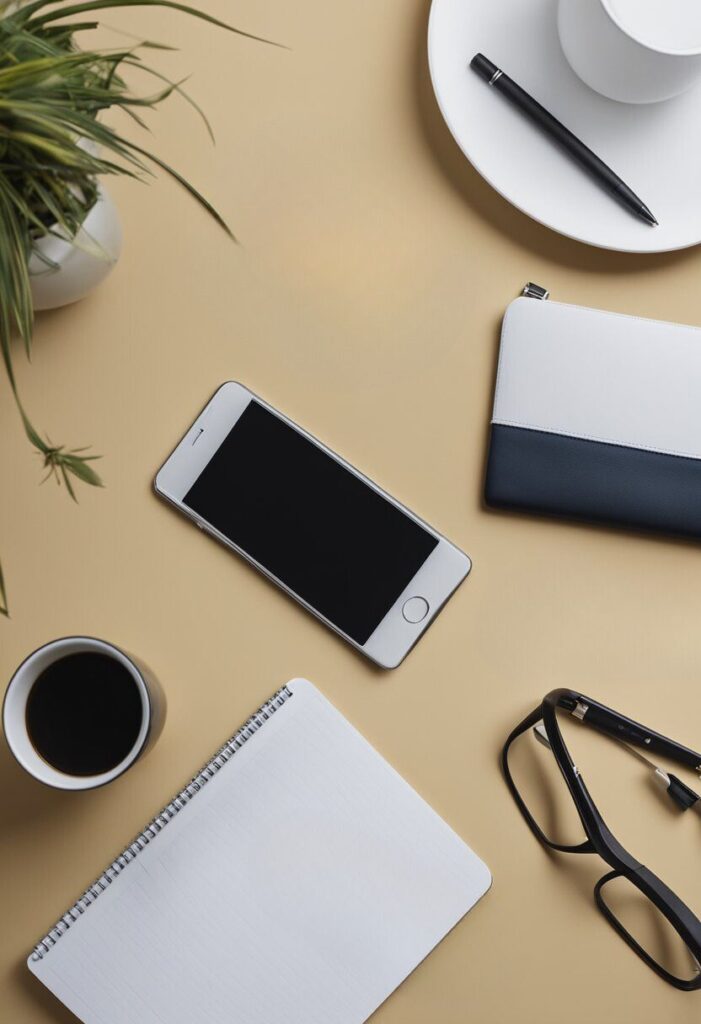 A neatly arranged desk with a sleek smartphone, matching accessories, and minimalist decor. Aesthetic and organized