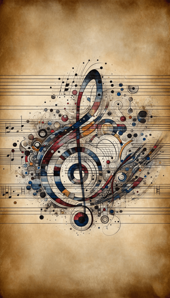 An artistic iPhone wallpaper depicting a stylized treble clef in the center, surrounded by an array of abstract elements including dots, circles, and lines resembling musical notes on a stave. The background has a vintage paper texture, with the imagery presented in a mix of earthy tones and subtle splashes of red and blue, creating a modern yet timeless design for a phone's lock screen or background.