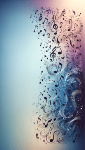 A dynamic array of black music notes and symbols on a vertical gradient background transitioning from light blue at the top to soft purple at the bottom, designed for an iPhone wallpaper or phone background.





