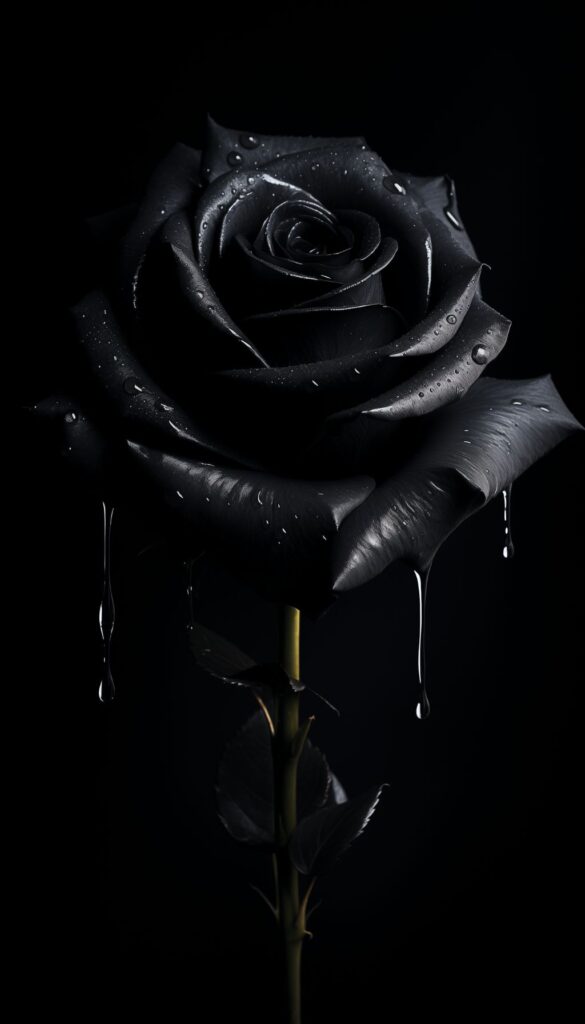 A striking black rose with water droplets against a pitch-black background, creating a dramatic and elegant iPhone wallpaper or phone background.