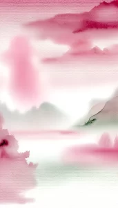 Abstract watercolor landscape in shades of pastel pink and white, with soft, diffuse cloud patterns and subtle hints of greenery at the bottom.