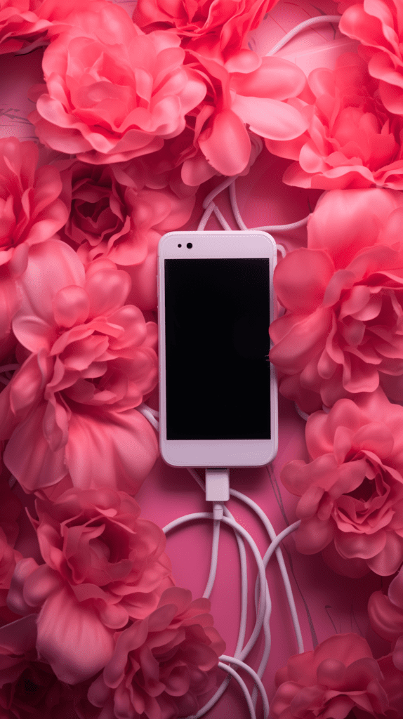 A pink cell phone on a charger. The phone is surrounded by pink flowers.