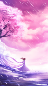 Silhouette of a woman in a flowing dress against a vivid purple and pink sky, designed as an artistic iPhone wallpaper.