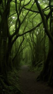 Ethereal misty forest with intertwined tree branches forming a path, captured as an iPhone wallpaper.