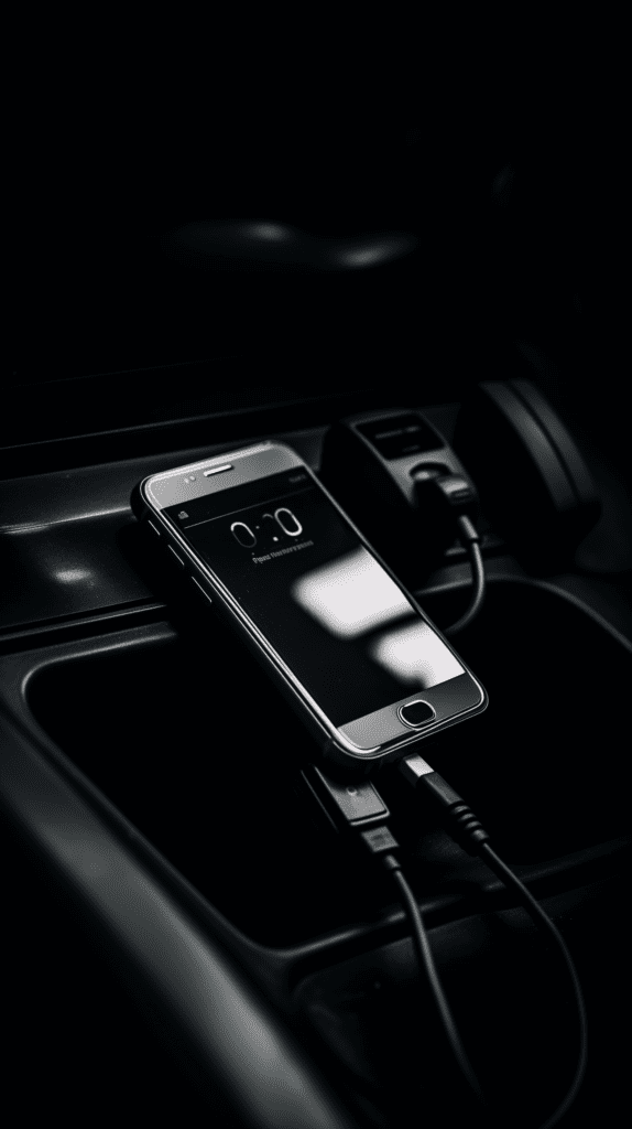 A cell phone on a car charger. The phone has a black wallpaper.