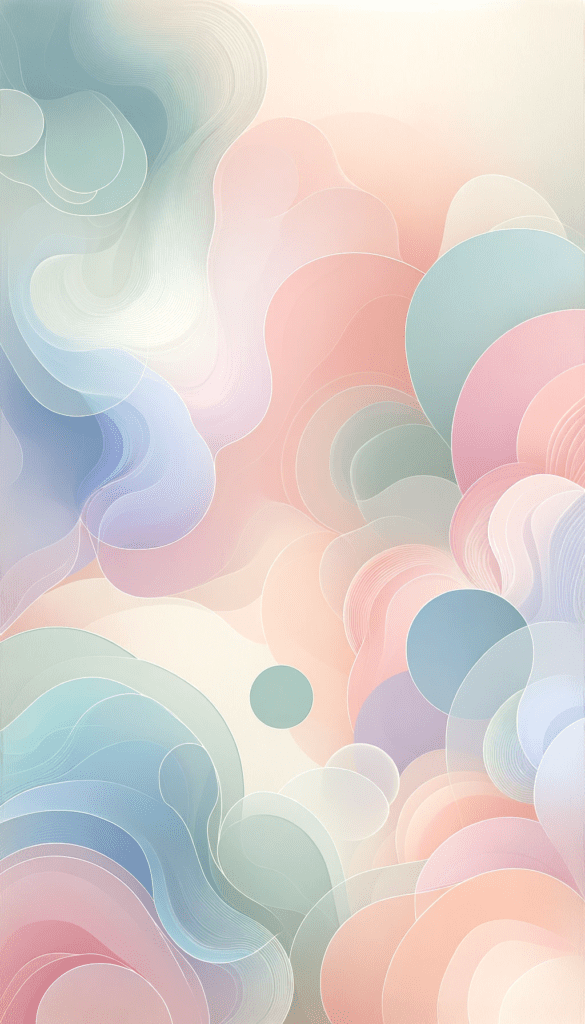 Abstract art with flowing shapes in pastel pink, baby blue, lavender, and mint green, designed for a calming iPhone wallpaper or phone background.