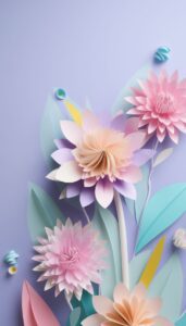 Pastel paper flowers in 3D art style against a soft purple background, designed for iPhone wallpaper.