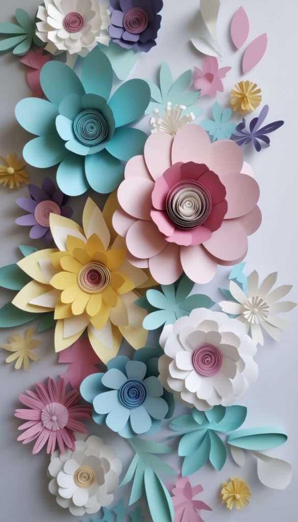 An iPhone wallpaper displaying a variety of paper flowers in pastel colors with intricate details and a three-dimensional effect.