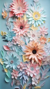 Layered paper flowers in pastel colors on a serene blue background, crafted as an artistic iPhone wallpaper or phone background.