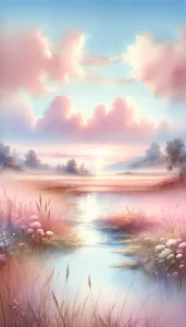 Watercolor painting of a serene sunrise with pink clouds reflected in a calm lake, surrounded by gentle flora, designed as an iPhone wallpaper.